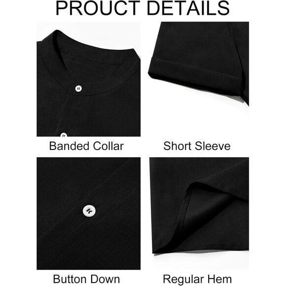 💫 Men Black Casual Button Down Shirts Short Sleeve Banded Collar Hippie Tops - Picture 5 of 5